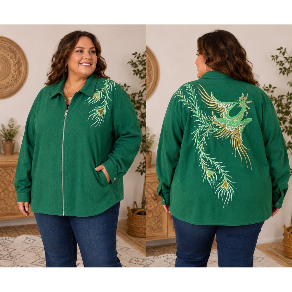 Bob Mackie Wearable Art Emerald Green Faux Suede Phoenix Jacket 3X Whimsy Boho